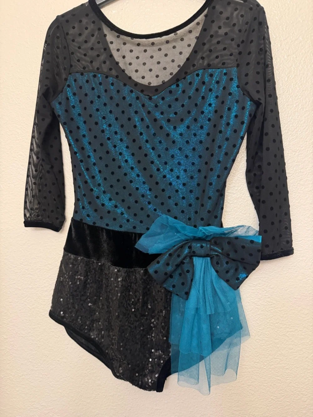 Curtain Call Dance Costume custom E1386 blue polkadot mesh leotard MA med adult